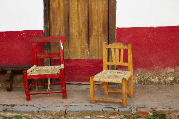 Mexico, Jalisco Rustic door and chairs
